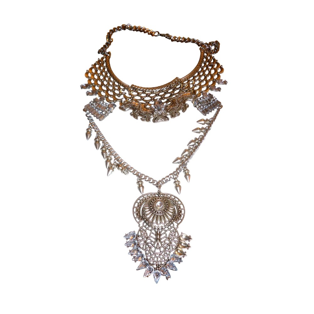 Silver Tone Gothic Spike Filigree Statement Bib Necklace Rhinestone Bat Pendant